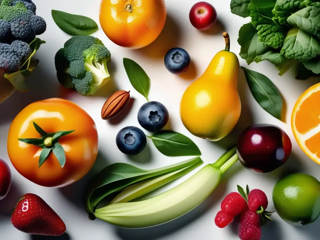 Una exquisita variedad de frutas y verduras frescas, con colores vibrantes y texturas naturales, iluminadas de forma suave