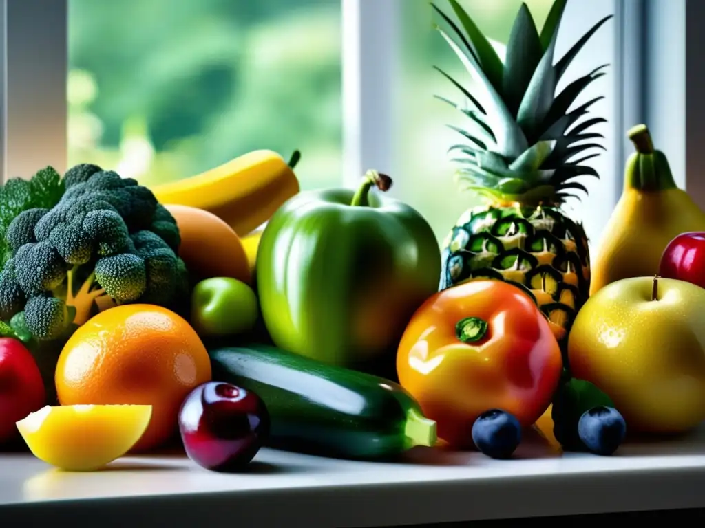 Una exquisita variedad de frutas y verduras frescas, brillantes con gotas de agua, sobre una encimera de cocina moderna