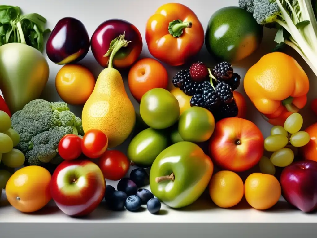 Una exquisita variedad de frutas y verduras coloridas, dispuestas en una cocina moderna