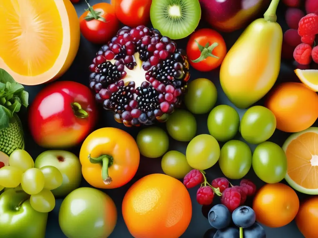 Una exquisita variedad de frutas y verduras frescas, con colores vibrantes y texturas detalladas, que resalta la diversidad de alimentos nutritivos