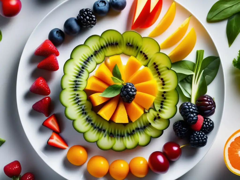 Una exquisita variedad de frutas y verduras en un plato blanco. Detalles vibrantes y frescura resaltan la nutrición para prevenir caída cabello.