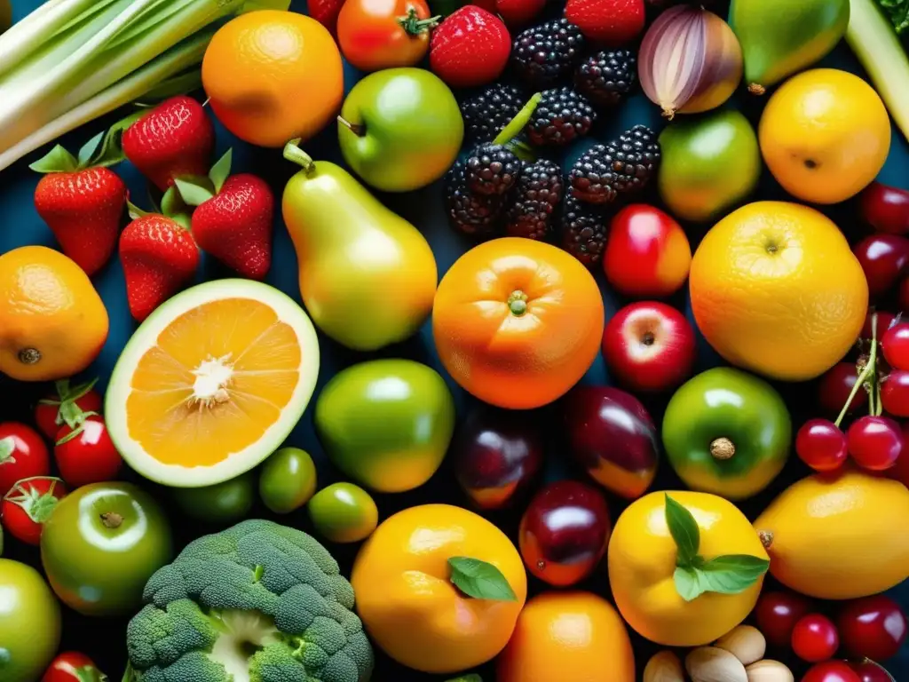 Una exuberante selección de frutas y verduras coloridas, organizadas de forma armoniosa y vibrante, iluminadas por la luz natural