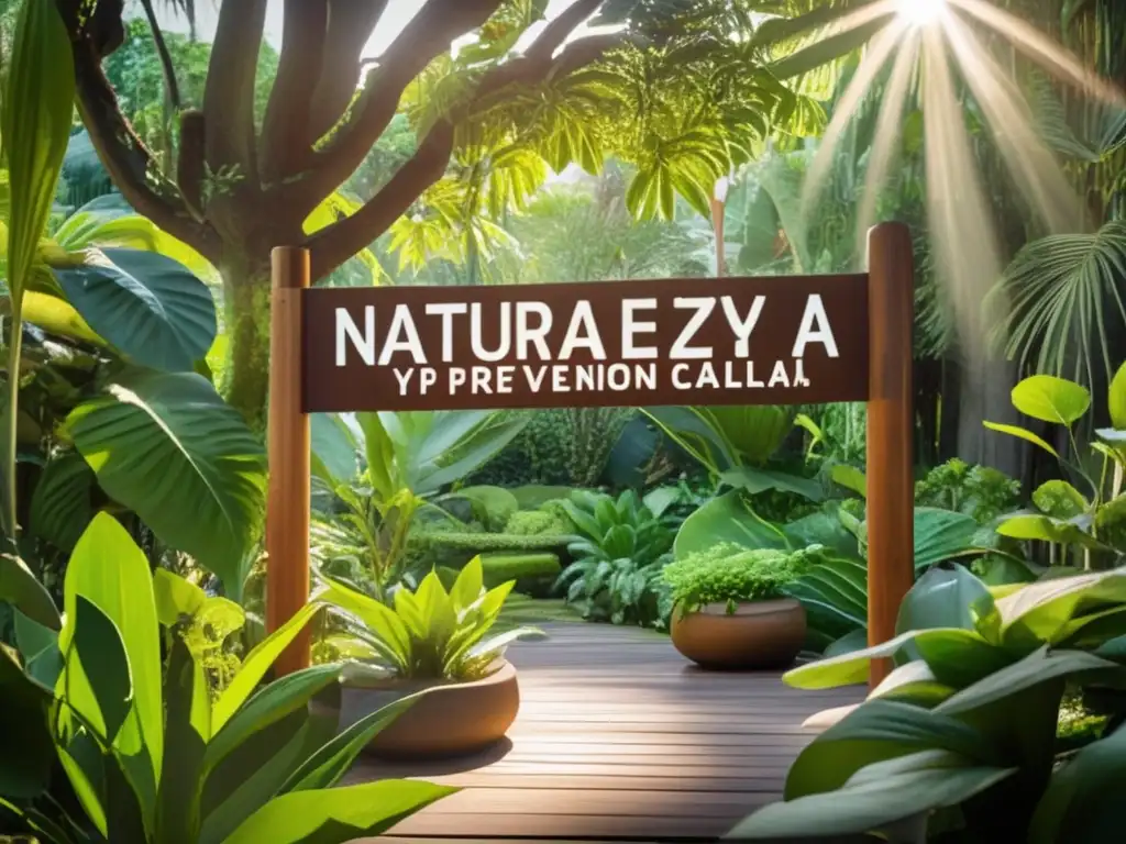 Un jardín botánico exuberante y sereno con plantas beneficiosas para el tratamiento natural para prevenir la calvicie.