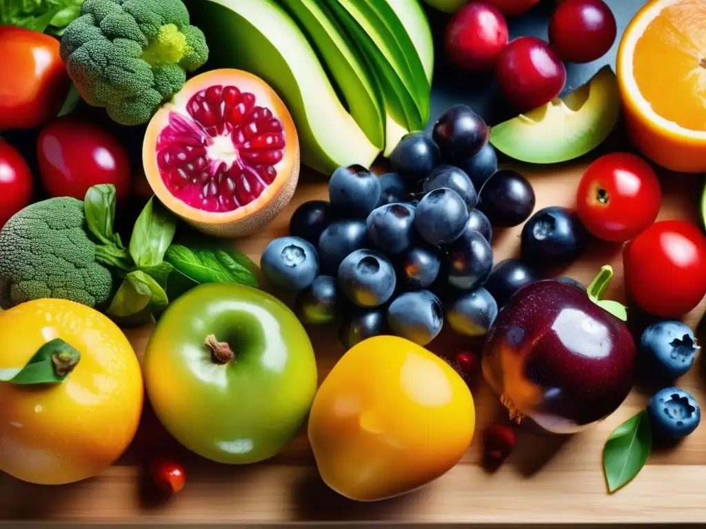 Una exuberante variedad de frutas y vegetales frescos y coloridos en una tabla de cortar de madera