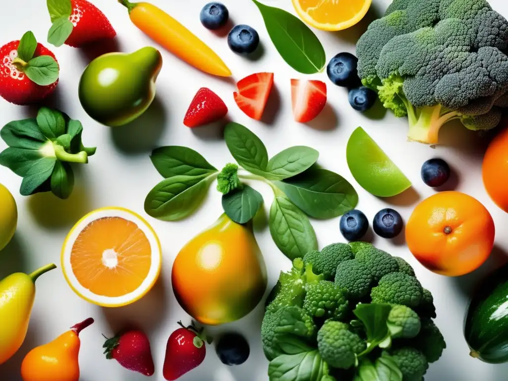 Una exuberante variedad de frutas y verduras frescas se exhiben en una superficie blanca moderna, destacando vitaminas, minerales y salud capilar