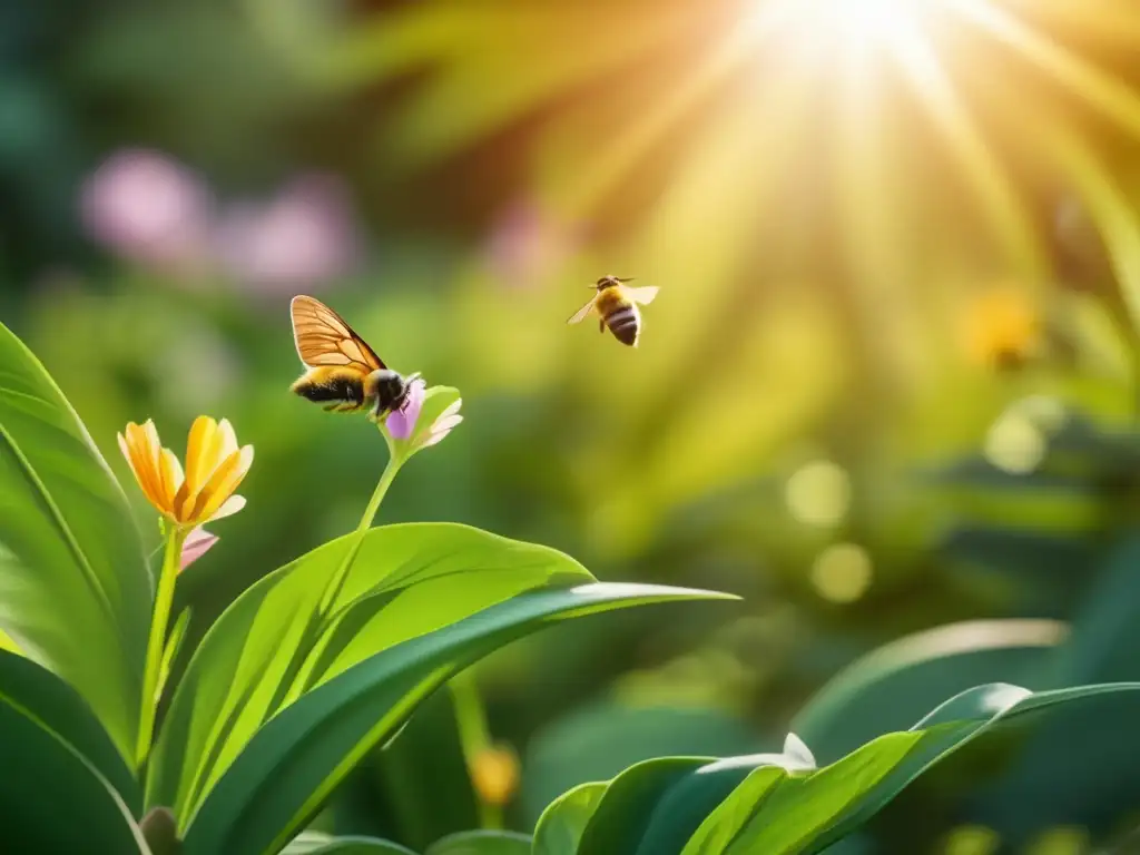 Un jardín botánico exuberante y vibrante bañado por la cálida luz dorada, con plantas y flores saludables en plena floración