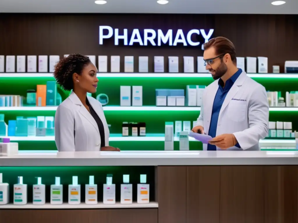 Farmacia moderna con estantes de vidrio mostrando productos capilares y medicamentos, con un farmacéutico consultando con un cliente