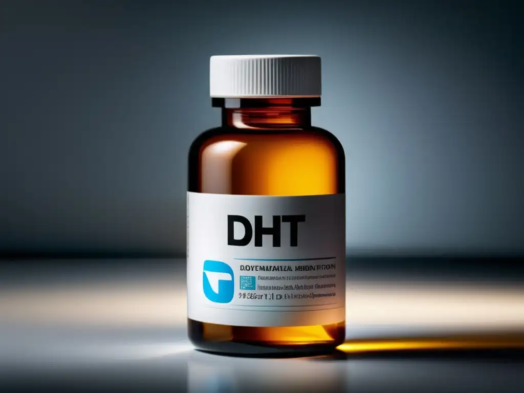 Un frasco elegante de medicamento inhibidor de DHT, con detalle en la etiqueta y el logo de la farmacéutica