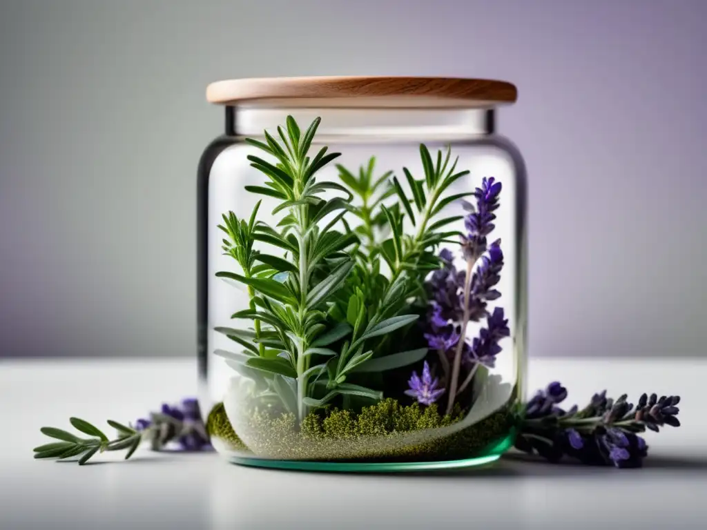 Herbolaria moderna: detalle en 8k de hierbas verdes en frasco Un frasco moderno con hierbas verdes como romero, tomillo y lavanda sobre fondo blanco