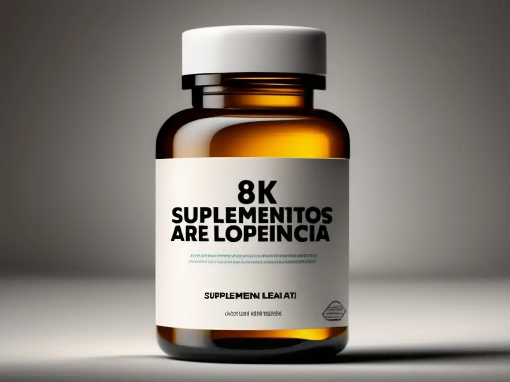 Un frasco moderno de suplementos sin prescripción para la alopecia areata, con etiqueta blanca minimalista y píldoras naturales visibles.