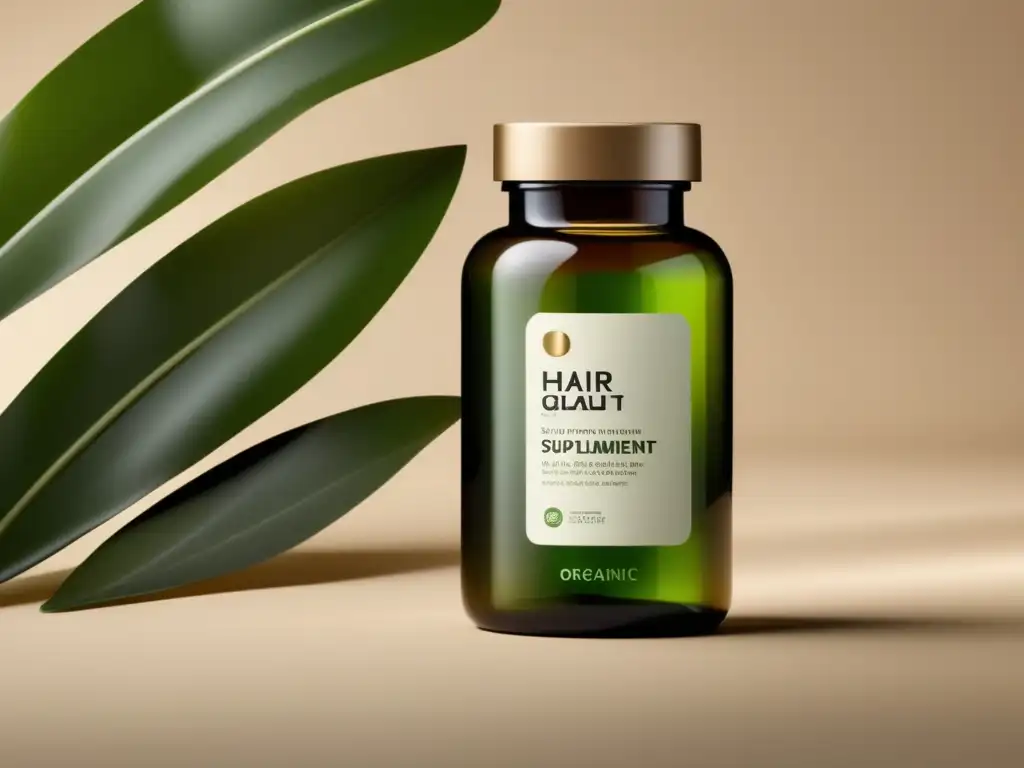 Un frasco de vidrio moderno con suplementos orgánicos para cabello, rodeado de exuberante vegetación y gotas de agua brillantes.