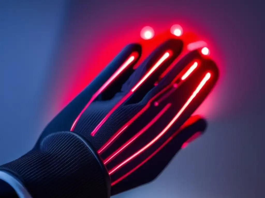 Un futuro brillante para la pérdida de cabello: guantes de terapia láser emitiendo luces rojas para revitalizar el cuero cabelludo.