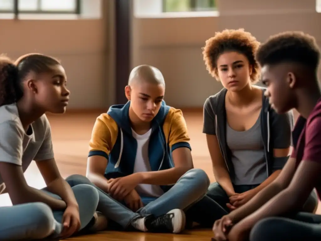 Un grupo de adolescentes en apoyo a un amigo con impacto en la vida social por la pérdida de cabello, en un ambiente de comprensión y empatía.