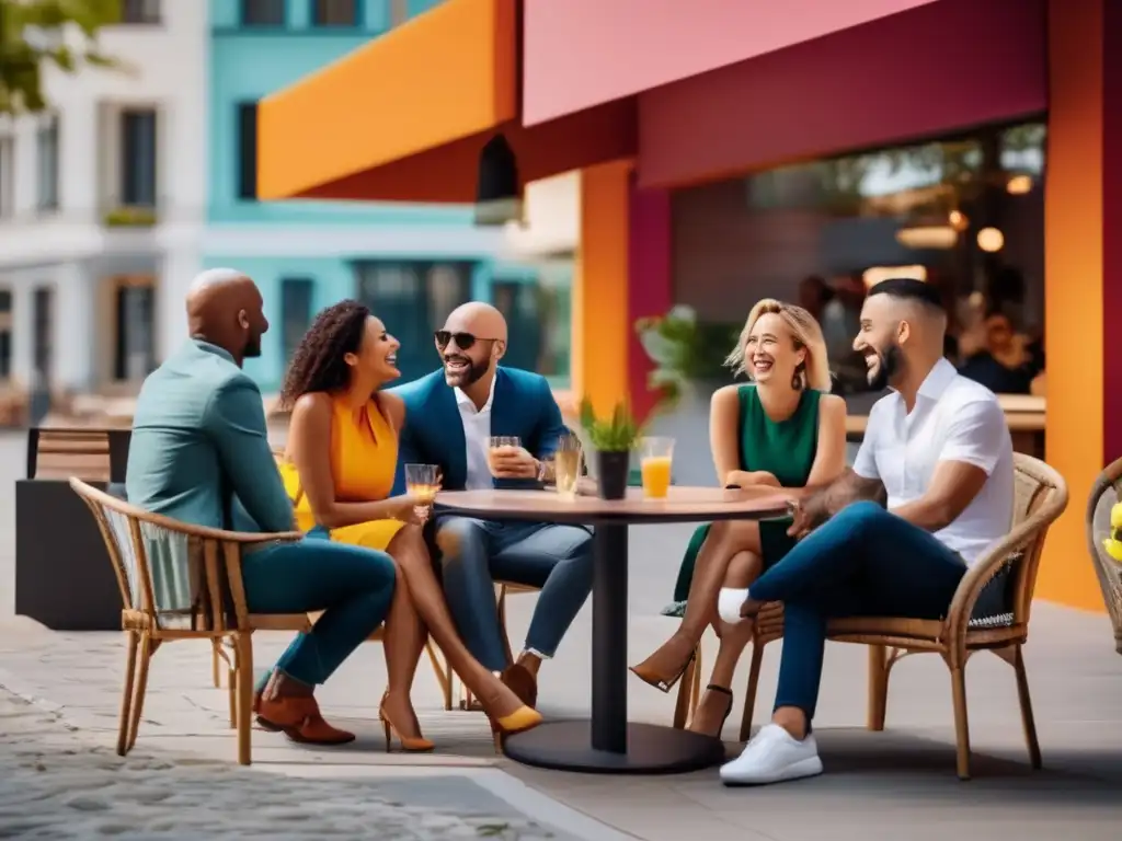 Un grupo de amigos disfruta de una animada conversación en un café al aire libre, desafiando estereotipos sobre la calvicie y las relaciones personales