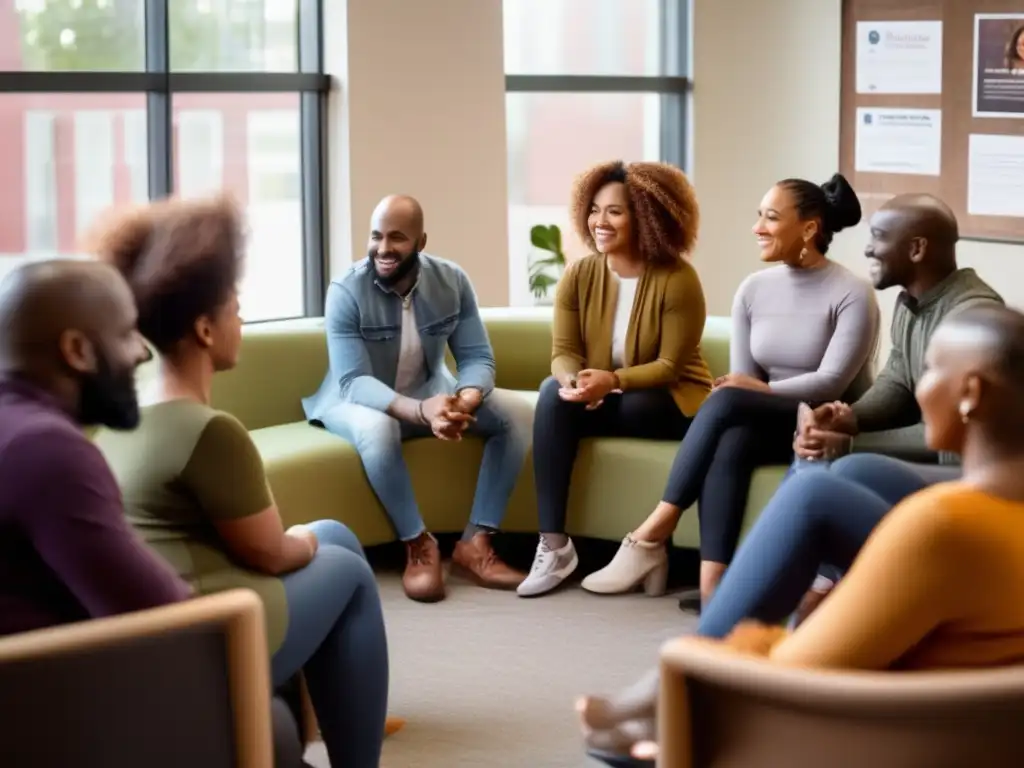 Grupo de apoyo para la pérdida de cabello: Comunidad cálida y solidaria reunida en círculo, expresando empatía y comprensión, con luz natural y recursos informativos de fondo