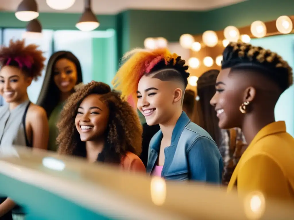 Un grupo diverso de adolescentes sonrientes, con diferentes estilos de cabello, se reúnen con confianza en un moderno salón de belleza