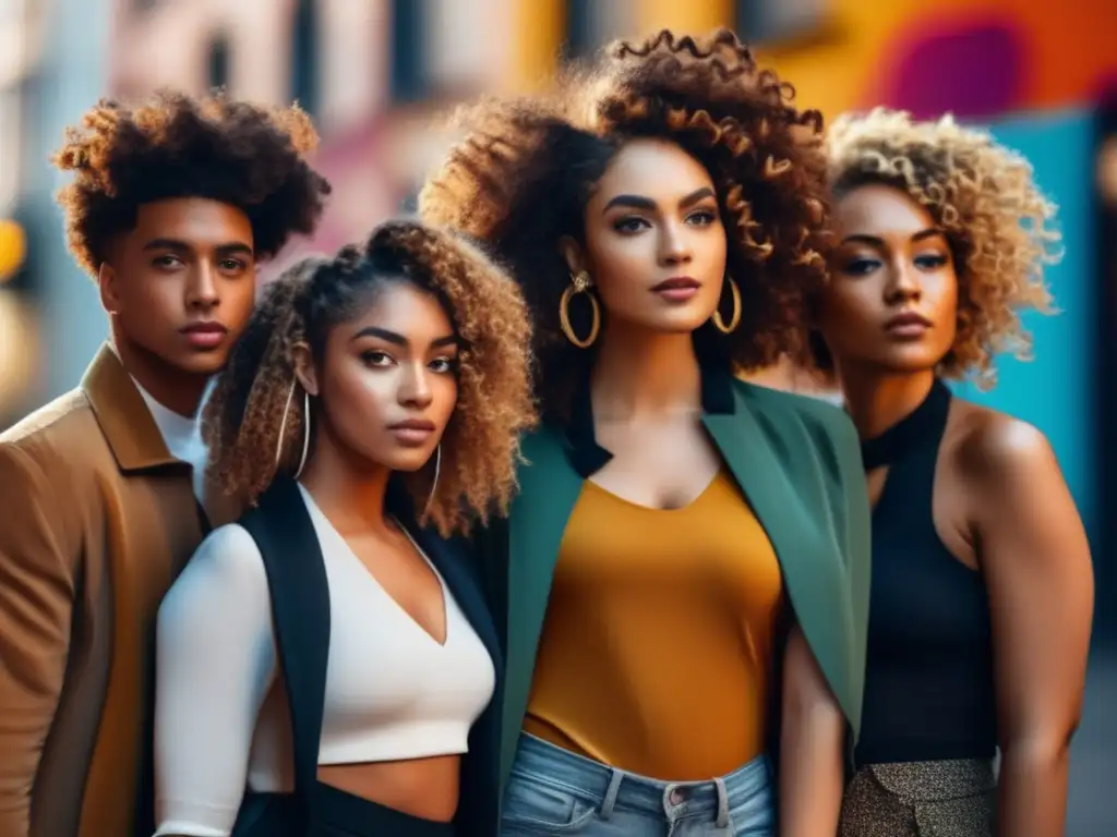 Un grupo diverso con cabello rizado posa con confianza frente a arte urbano vibrante, mostrando la belleza del cabello rizado