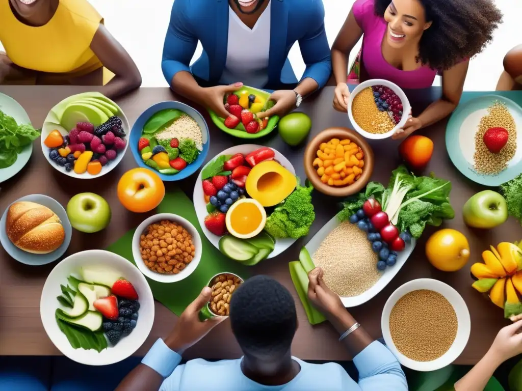 Un grupo diverso disfrutando de una comida saludable con alimentos coloridos y ricos en nutrientes