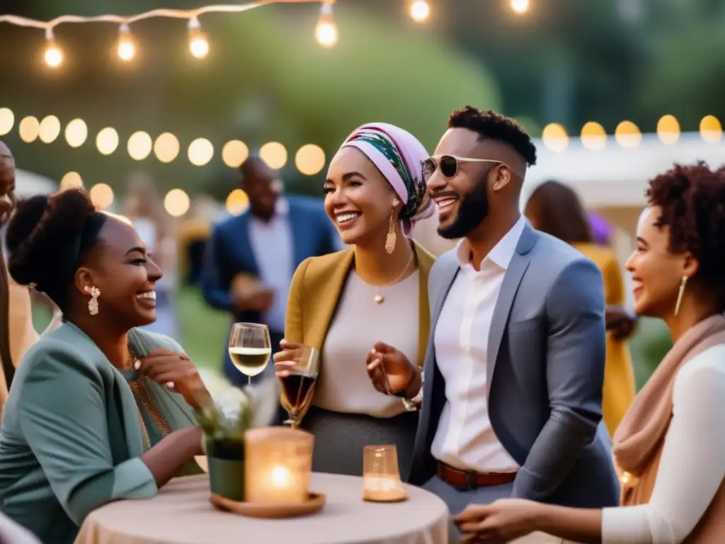 Un grupo diverso disfruta con confianza en un elegante evento al aire libre