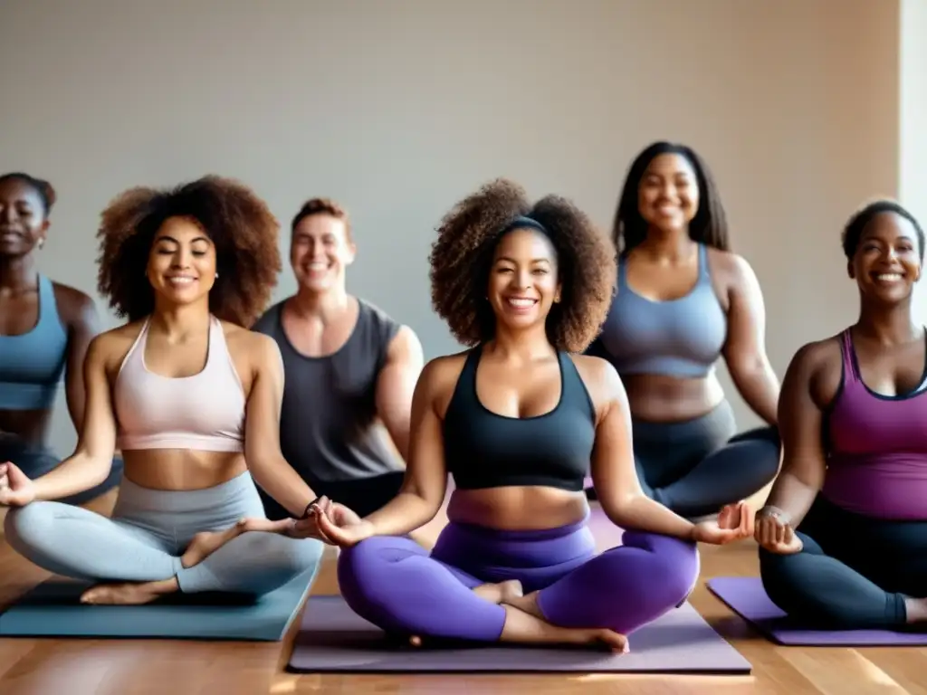 Grupo diverso practica yoga, meditación y ejercicios, fomentando autoaceptación y positividad corporal, contrarrestando impacto selfies pérdida cabello