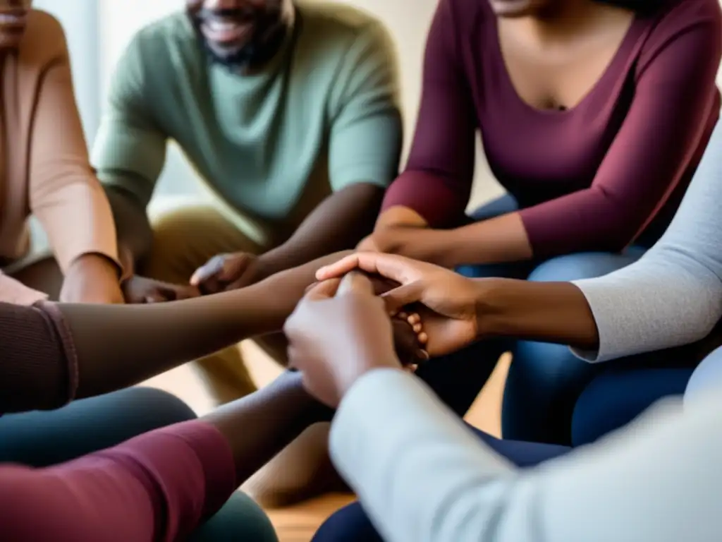 Un grupo diverso se reúne en un espacio acogedor para un cálido intercambio en un grupo de apoyo para pérdida de cabello.