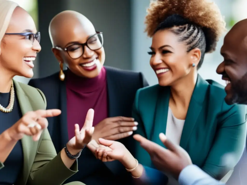 Un grupo diverso se comunica con gestos expresivos, creando conexión y entendimiento, transmitiendo técnicas comunicación efectiva alopecia.