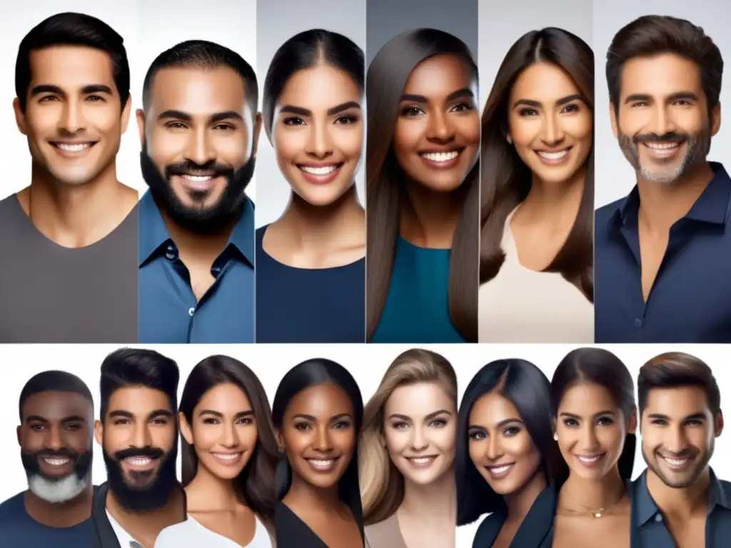 Un grupo diverso de hombres y mujeres de diferentes países latinoamericanos en una clínica, mostrando los resultados de Minoxidil