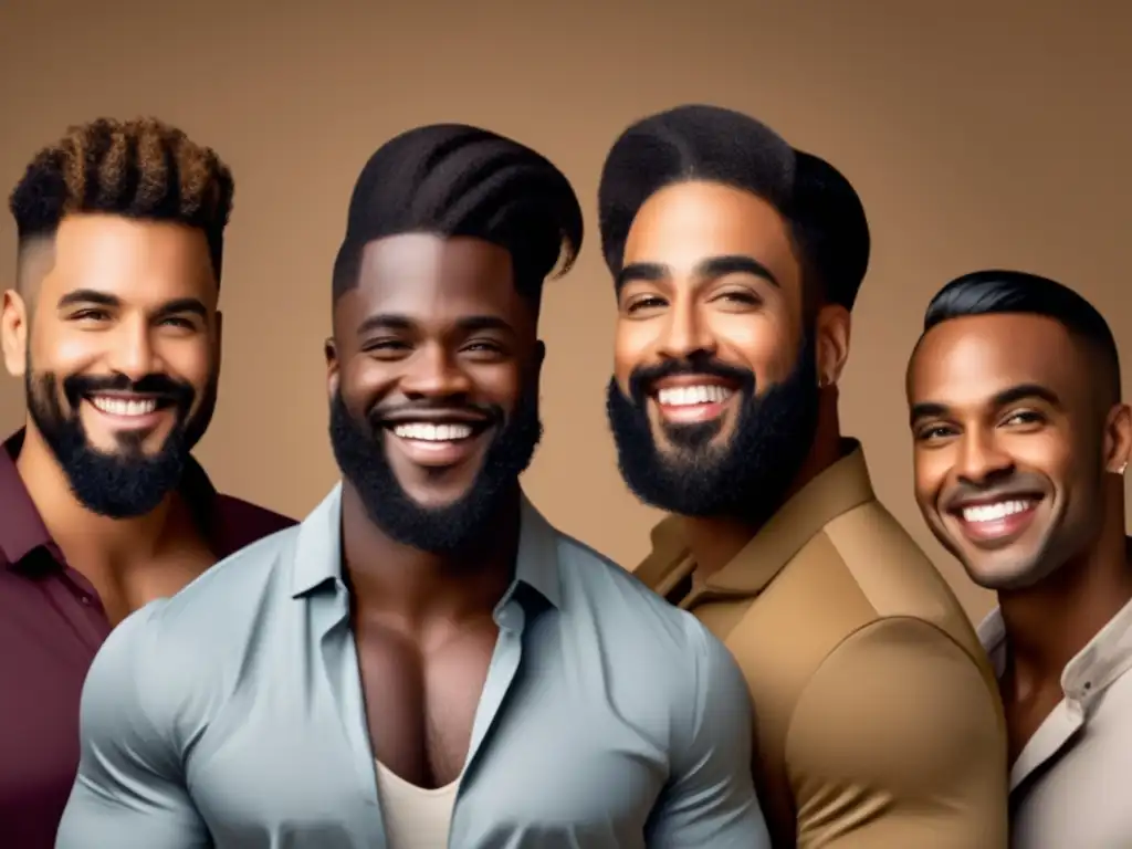 Un grupo diverso de hombres seguros con diferentes estilos de cabello, mostrando camaradería y autoaceptación