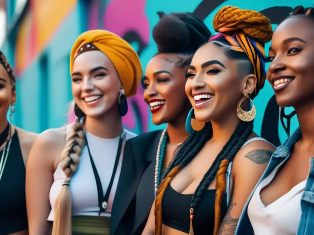 Un grupo diverso de influencers sonrientes muestra sus peinados y accesorios capilares en un entorno urbano moderno y vibrante