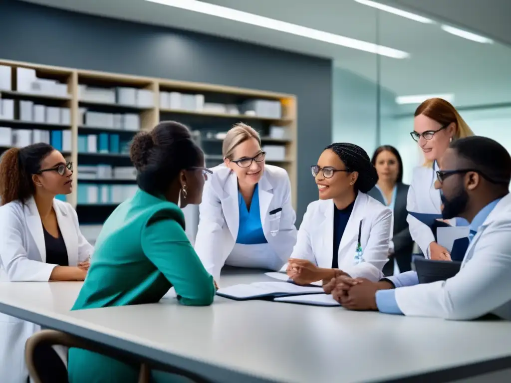 Un grupo diverso de investigadores y profesionales médicos discuten estándares éticos y búsqueda de soluciones para la alopecia en un laboratorio contemporáneo.