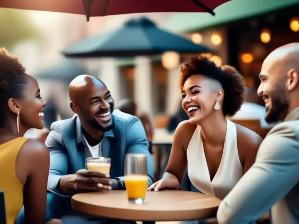 Un grupo diverso de jóvenes se divierte en una cafetería al aire libre, desafiando la calvicie y la búsqueda de pareja con confianza y estilo.