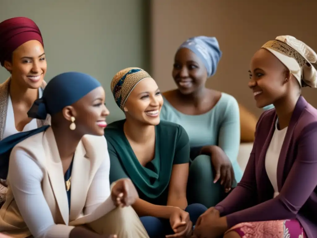 Un grupo diverso de jóvenes pacientes con alopecia se reúnen en un círculo, mostrando confianza y apoyo mutuo