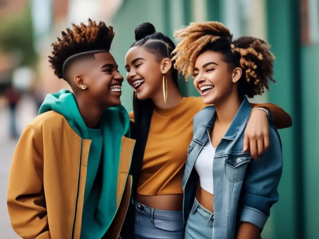 Grupo diverso de jóvenes seguros de sí mismos, con estilos de cabello variados, riendo y charlando juntos en un ambiente urbano