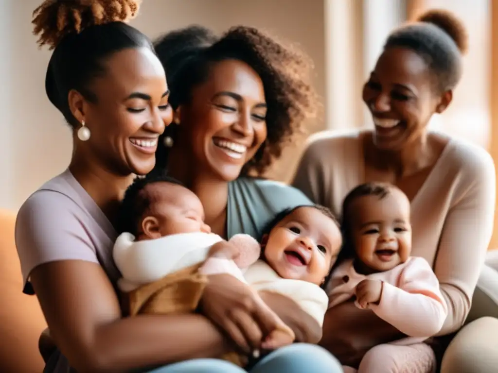 Un grupo diverso de madres sonrientes sostiene a sus bebés, creando un ambiente de apoyo y alegría