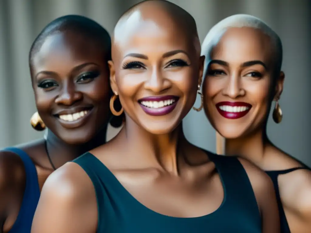 Un grupo diverso de mujeres con alopecia, mostrando confianza y fortaleza juntas, reflejando el impacto emocional del tratamiento en la alopecia femenina