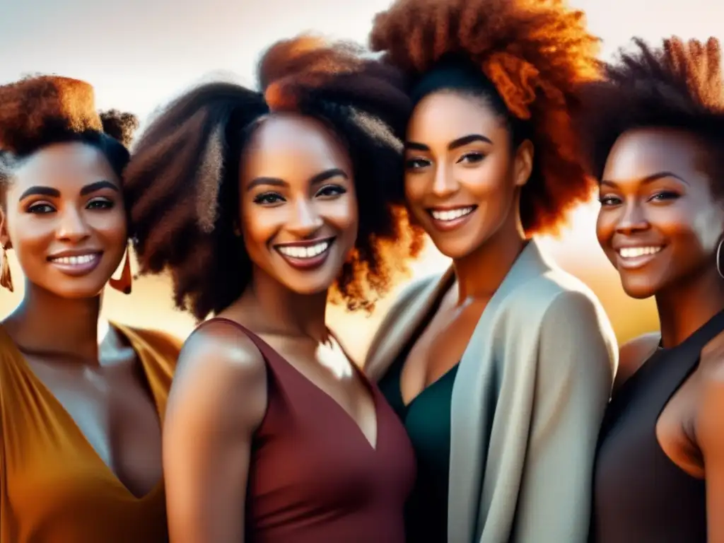 Un grupo diverso de mujeres muestra con confianza su cabello natural de diferentes texturas y estilos, resaltando la diversidad y la belleza del cabello femenino