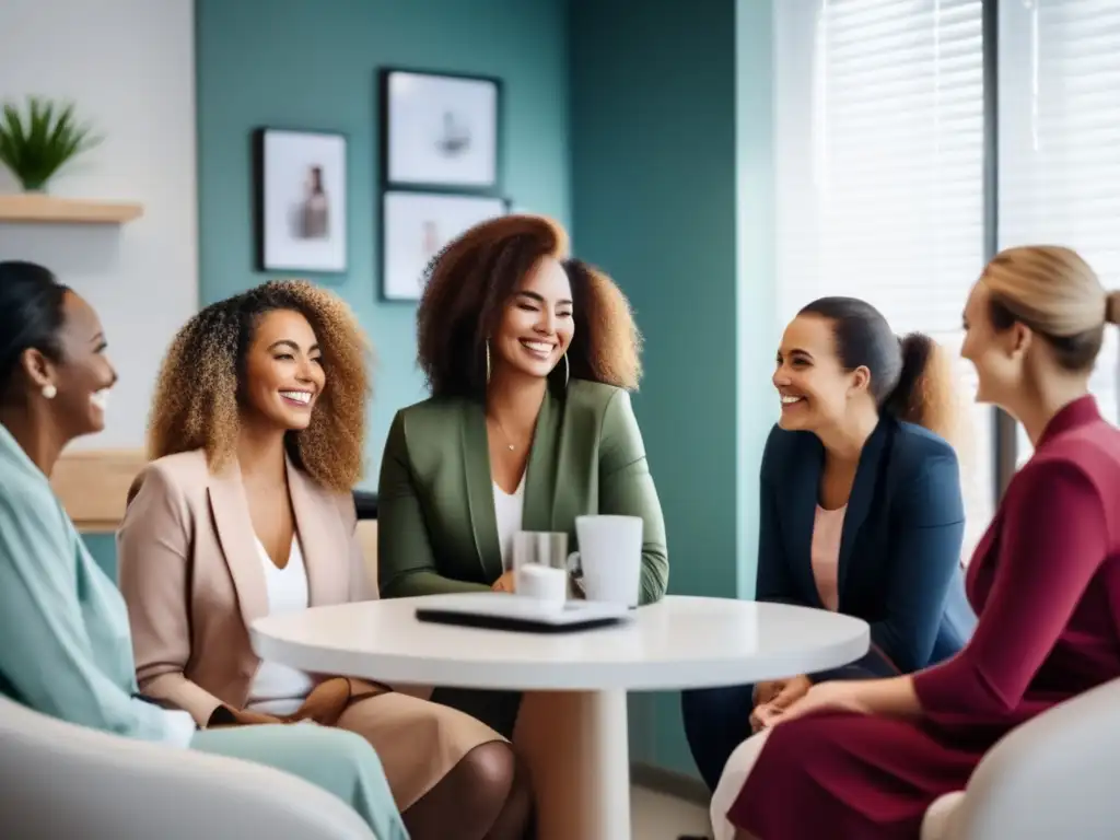 Grupo diverso de mujeres sonrientes, en una clínica moderna, hablando sobre tratamientos de pérdida de cabello para mujeres, transmitiendo confianza y felicidad