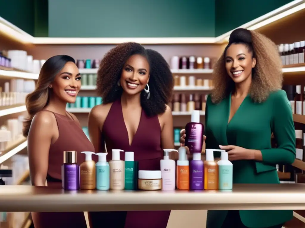 Un grupo diverso de mujeres sonrientes conversando en una farmacia moderna, sosteniendo productos para la pérdida de cabello