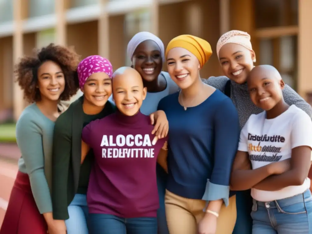 Un grupo diverso de niños y adolescentes con alopecia, acompañados de amigos y familiares, lucen confiados y sonrientes, mostrando su fuerza y resiliencia con sombreros y pañuelos