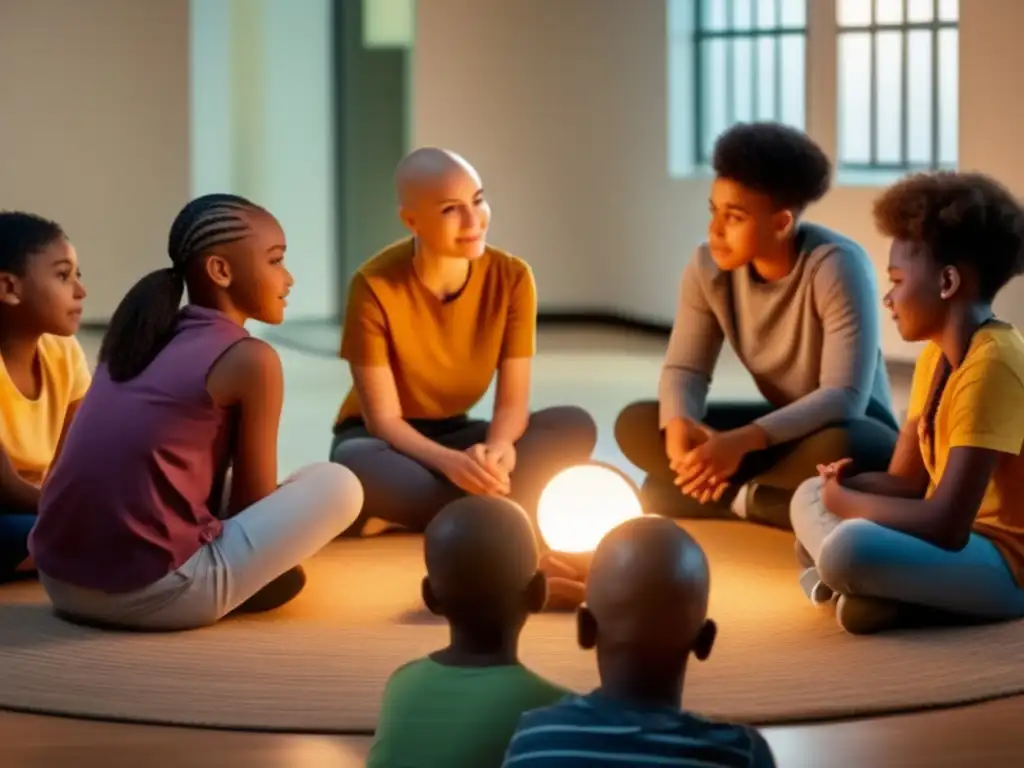 Un grupo diverso de niños y adolescentes escuchan atentamente a un joven calvo que comparte sus experiencias sobre la calvicie