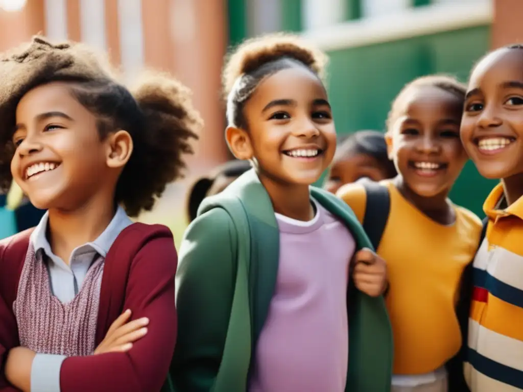 Un grupo diverso de niños sonrientes en un patio escolar, mostrando inclusividad y amistad