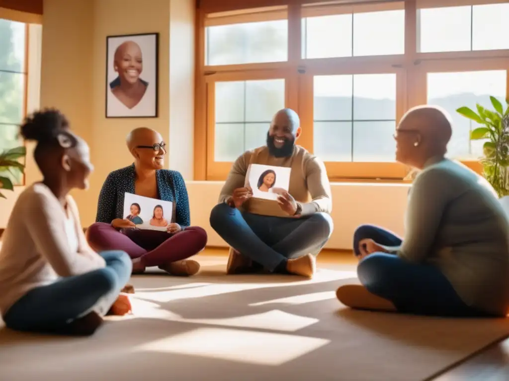 Un grupo diverso de padres se apoya y comparte experiencias en terapias de grupo para alopecia infantil, rodeados de calidez y arte.