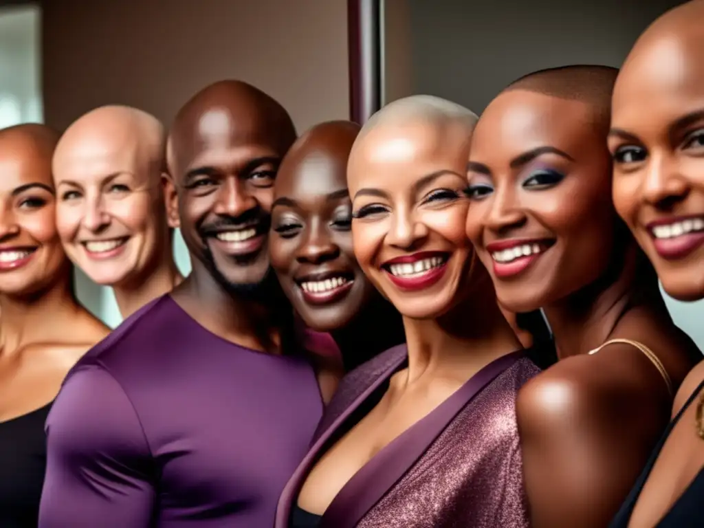 Un grupo diverso de personas con alopecia muestra orgullosamente sus cabezas calvas frente a un espejo, reflejando confianza y empoderamiento