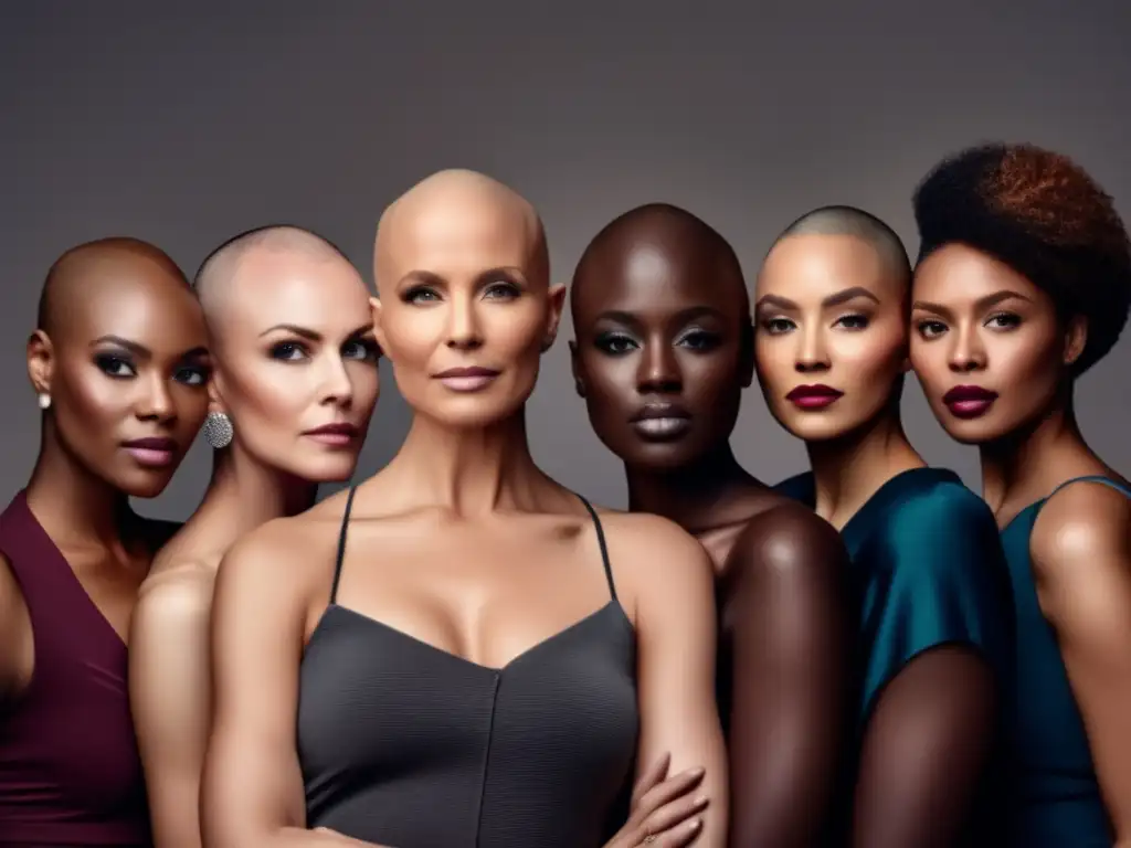 Un grupo diverso de personas con alopecia muestra su belleza única y confianza, reflejando empoderamiento y aceptación