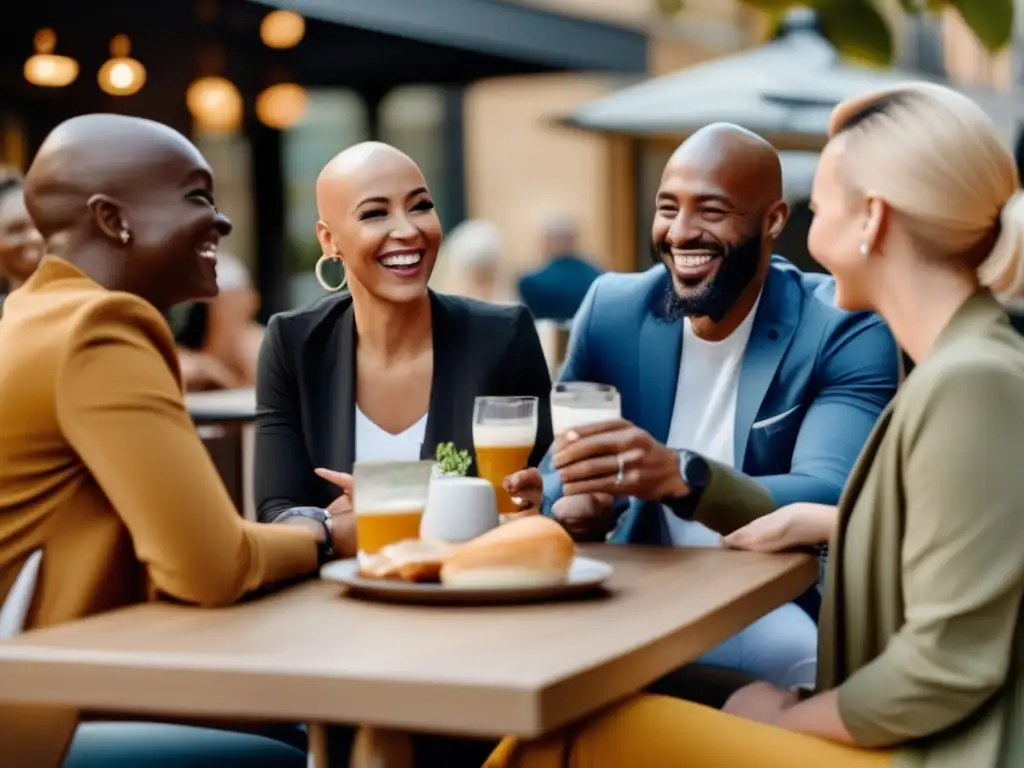 Un grupo diverso de personas con alopecia socializa con confianza en una terraza, mostrando apoyo y camaradería