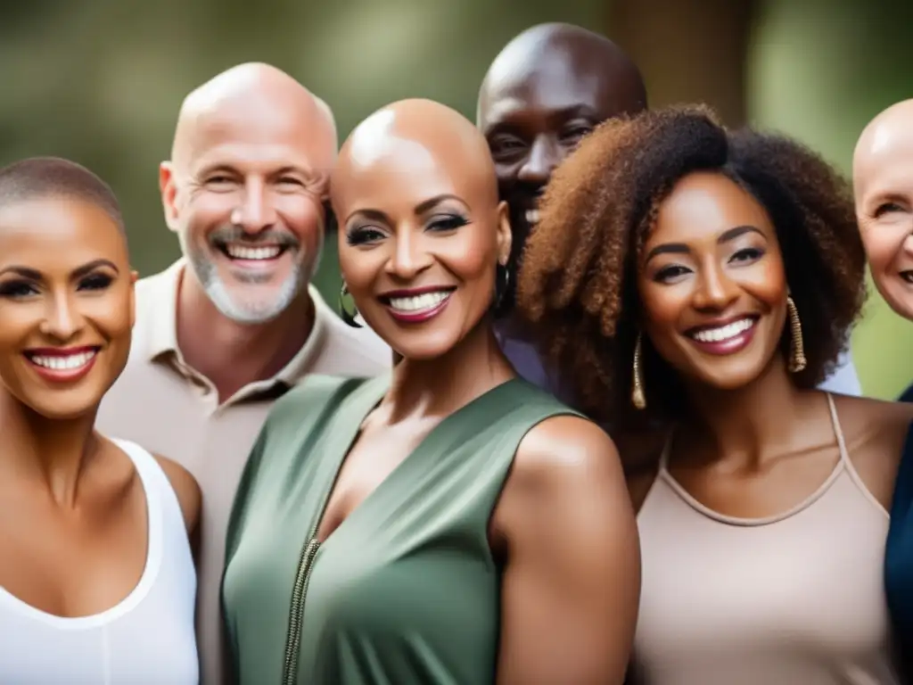 Un grupo diverso de personas abrazando su alopecia universal con confianza y orgullo, mostrando sonrisas genuinas y empoderamiento