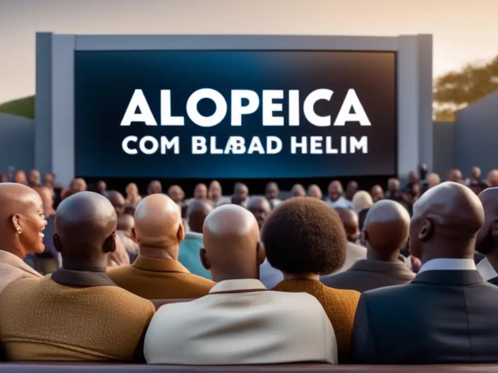 Un grupo diverso de personas con alopecia disfruta de una película clásica en una pantalla gigante al aire libre, mostrando representaciones poderosas de la alopecia en el cine contemporáneo