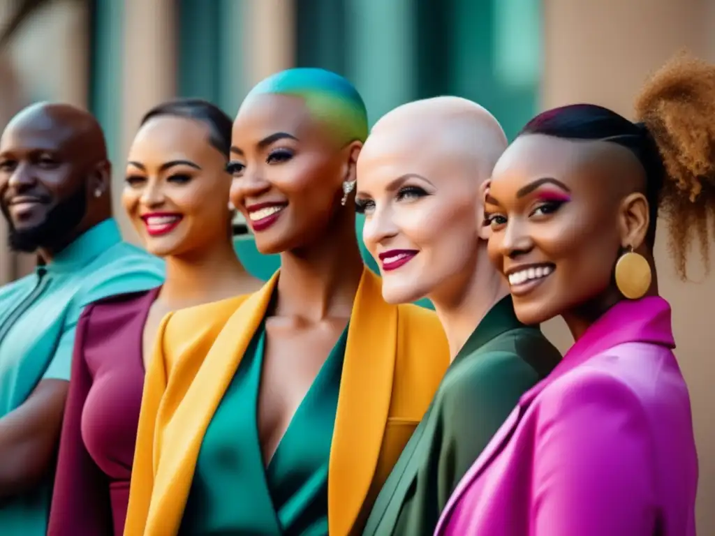 Un grupo diverso de personas con alopecia areata posa confiadamente juntas, mostrando orgullosamente sus hermosos estilos de cabello