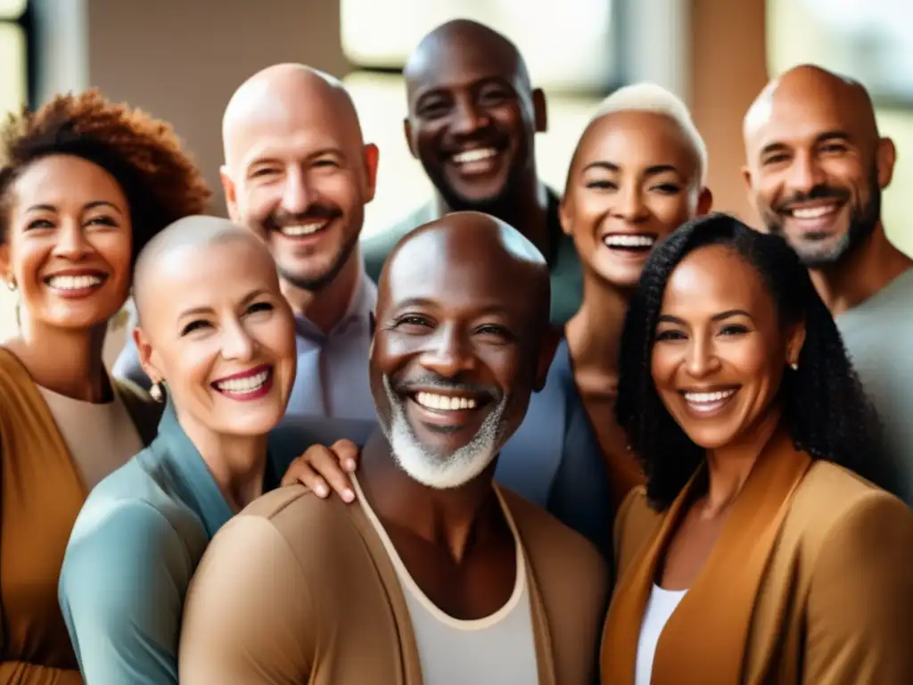 Un grupo diverso de personas con alopecia abrazando su calvicie con confianza y sonriendo, representando la aceptación y la resiliencia