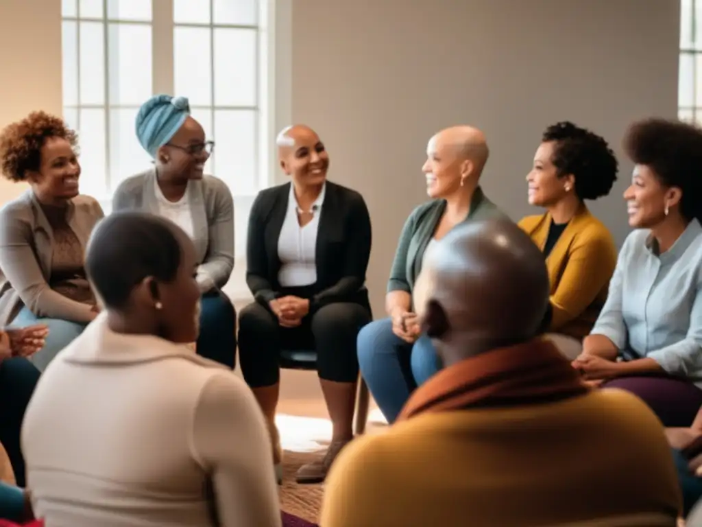 Un grupo diverso de personas se reúne en círculo para discutir sobre la pérdida de cabello